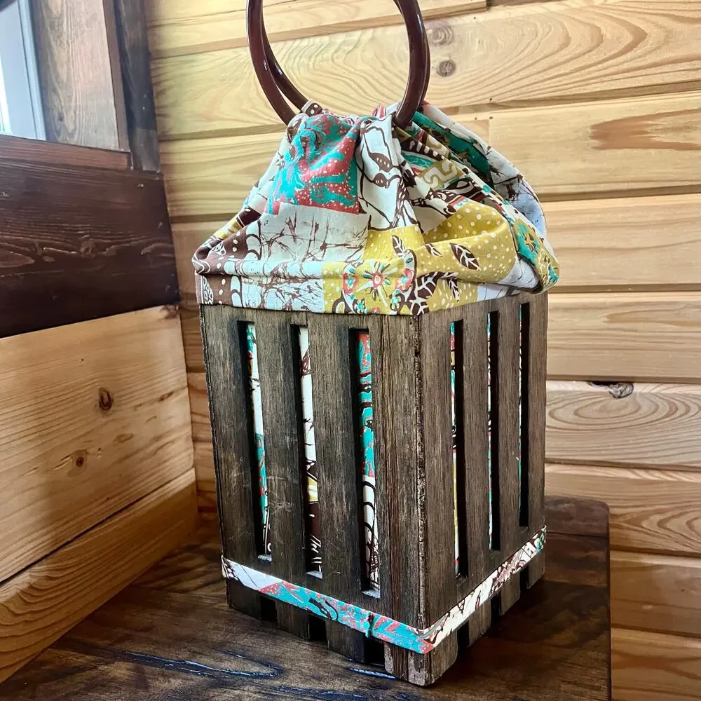 Handmade Wood Crate Basket Bag Box Purse Folk Art Patchwork Lined Rustic Decor